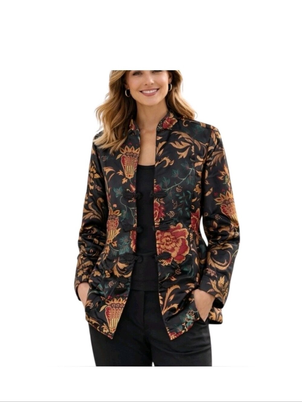Soft Surroundings Black Floral Brocade Mandarin Blazer